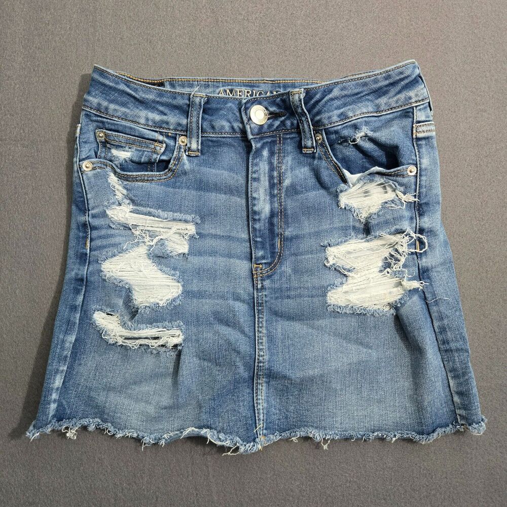 American Eagle Denim Skirt Women 6 Distressed Blue Next Level Stretch Raw Hem